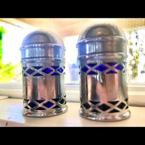 English Silver Pl Salt & Peppers w Cobalt Glass